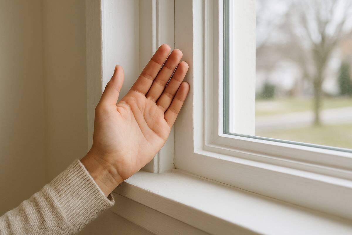 check draft A hands checking for any remaining drafts near a window