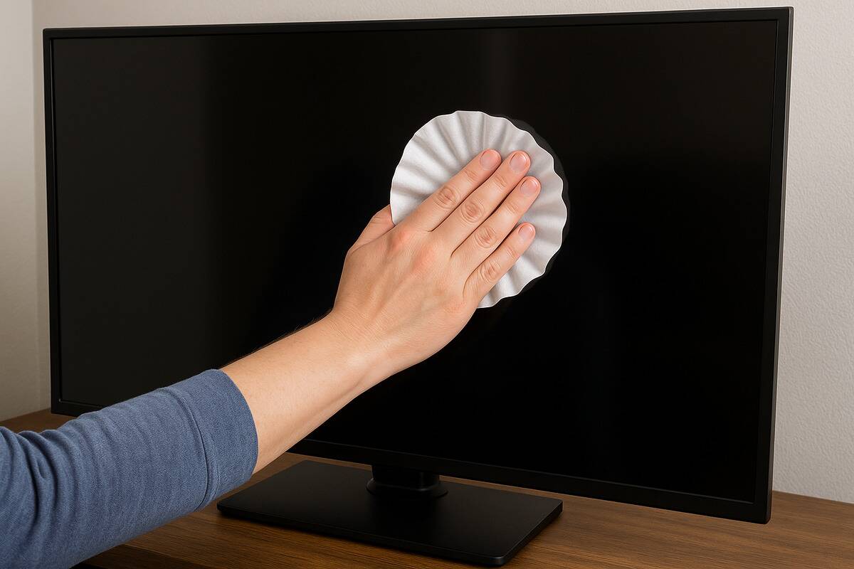 filter monitor A hand wiping a computer monitor with a coffee filter.