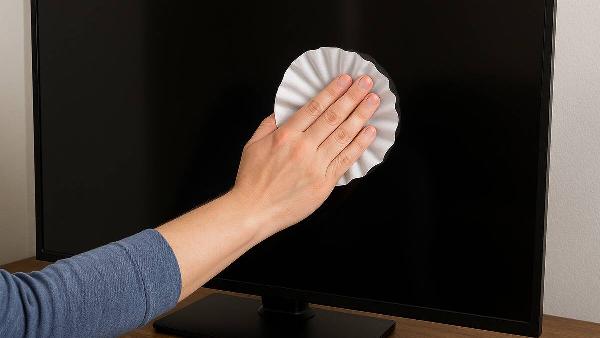 A hand wiping a computer monitor with a coffee filter.