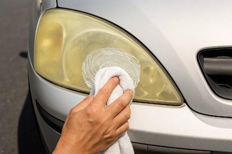 headlight wiping. Wiping toothpaste on a headlight.