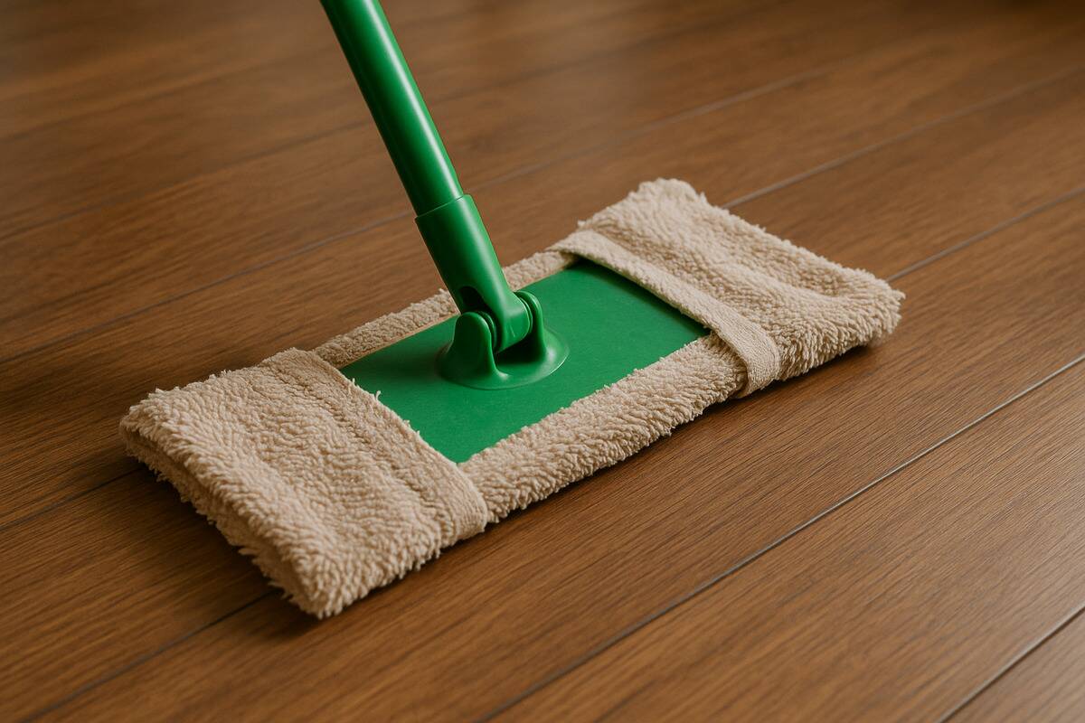 mop pad An old towel that has been made into a mop pad.