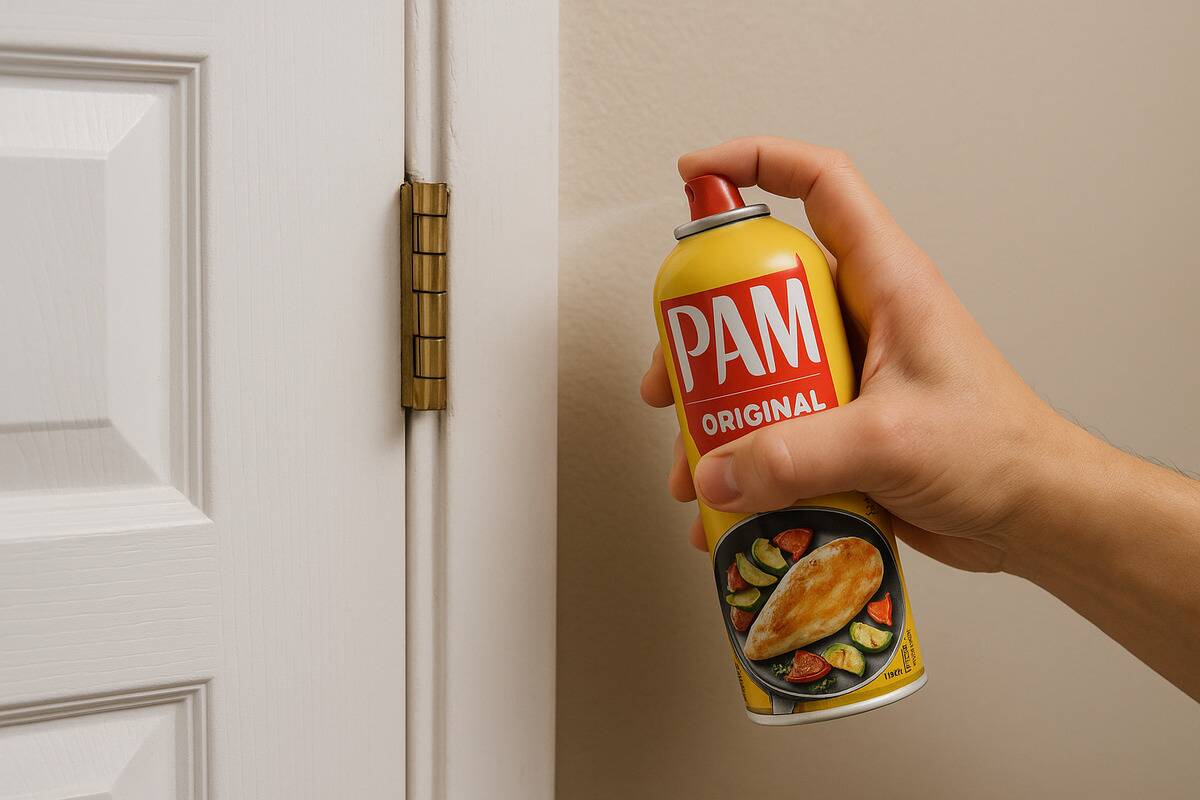 pam door spray A bottle of cooking spray used on a door hinge.