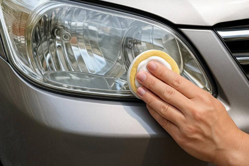 polish headlights A hand applying car polish to clean headlights.