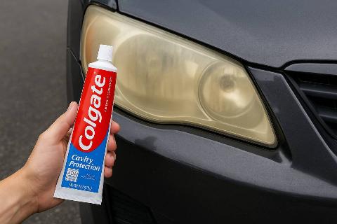Toothpaste in front of a car headlight.