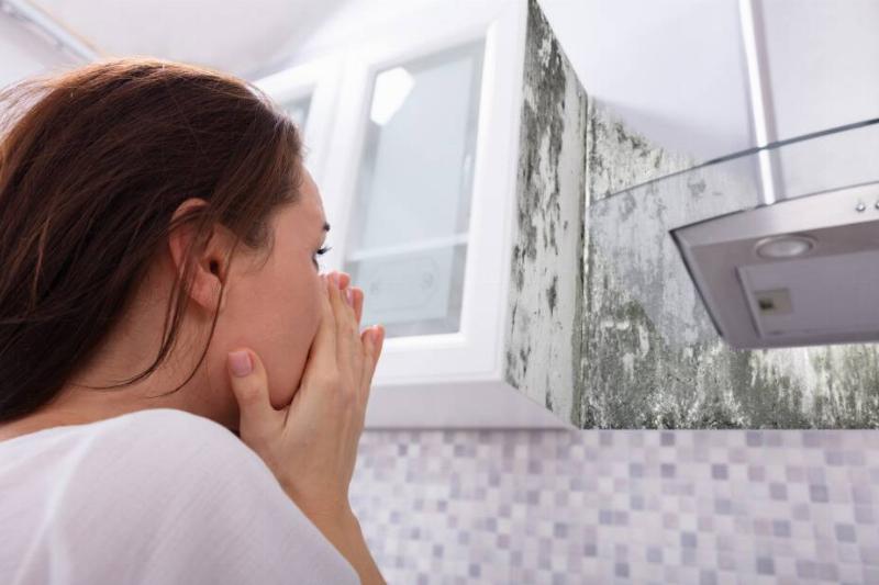 Woman covering nose and looking at mold.