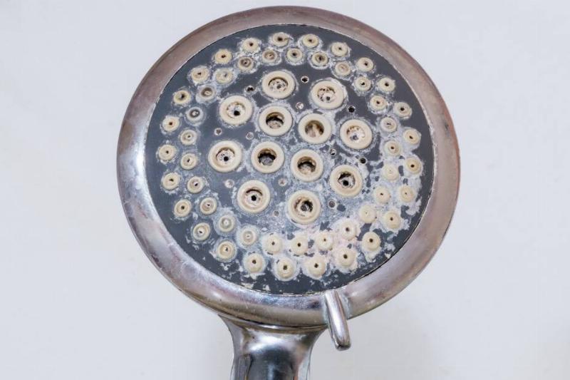 Shower head with limescale deposits.