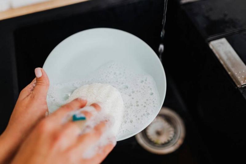 Hands washing dishes.