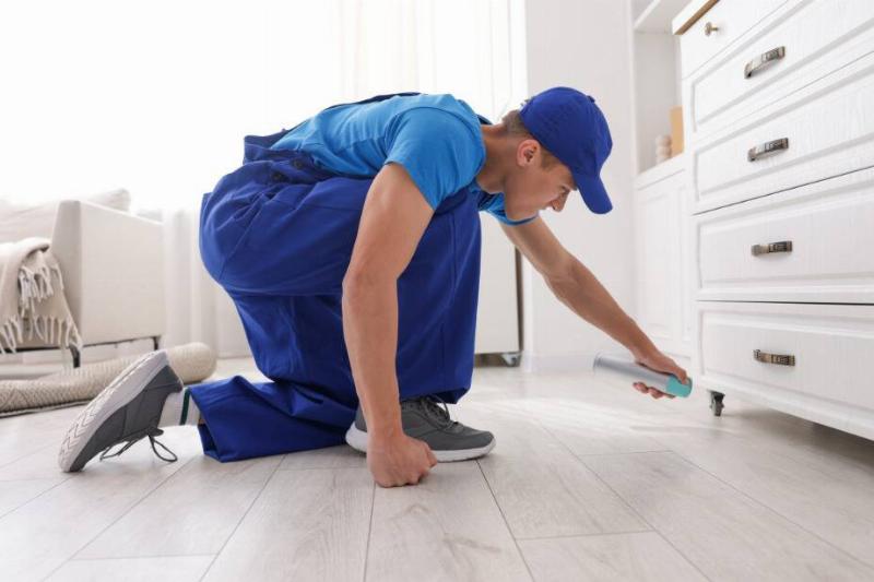 An exterminator spraying insecticide. 
