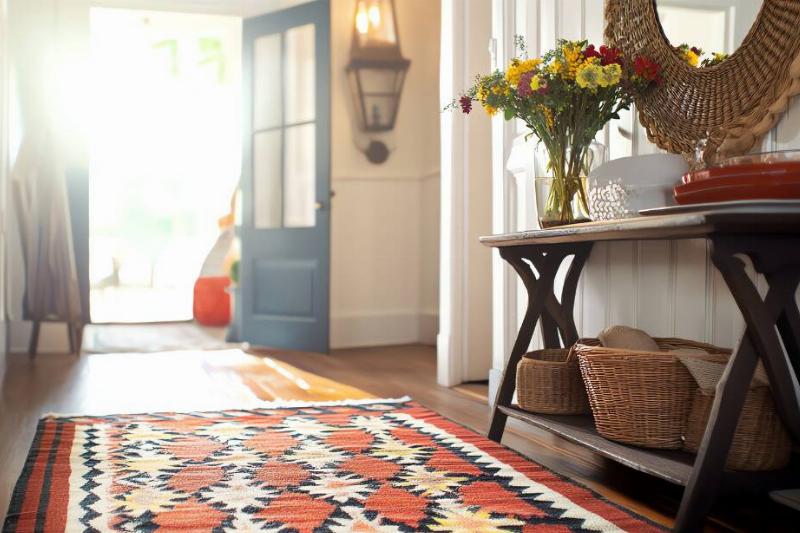 A nice rug leading away from an entryway.
