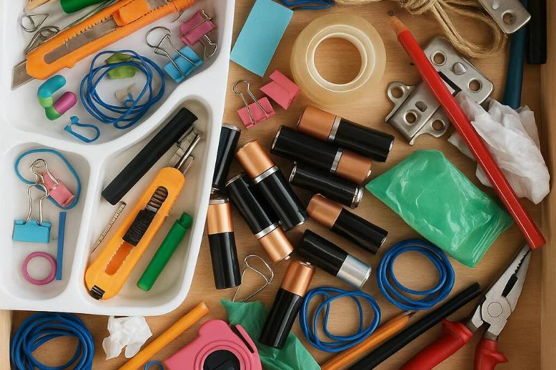 Batteries inside of a junk drawer.