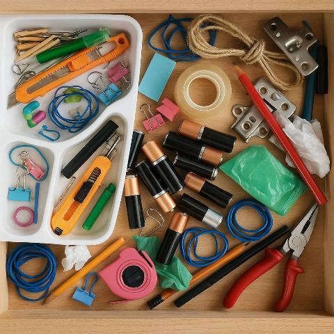 Batteries inside of a junk drawer.