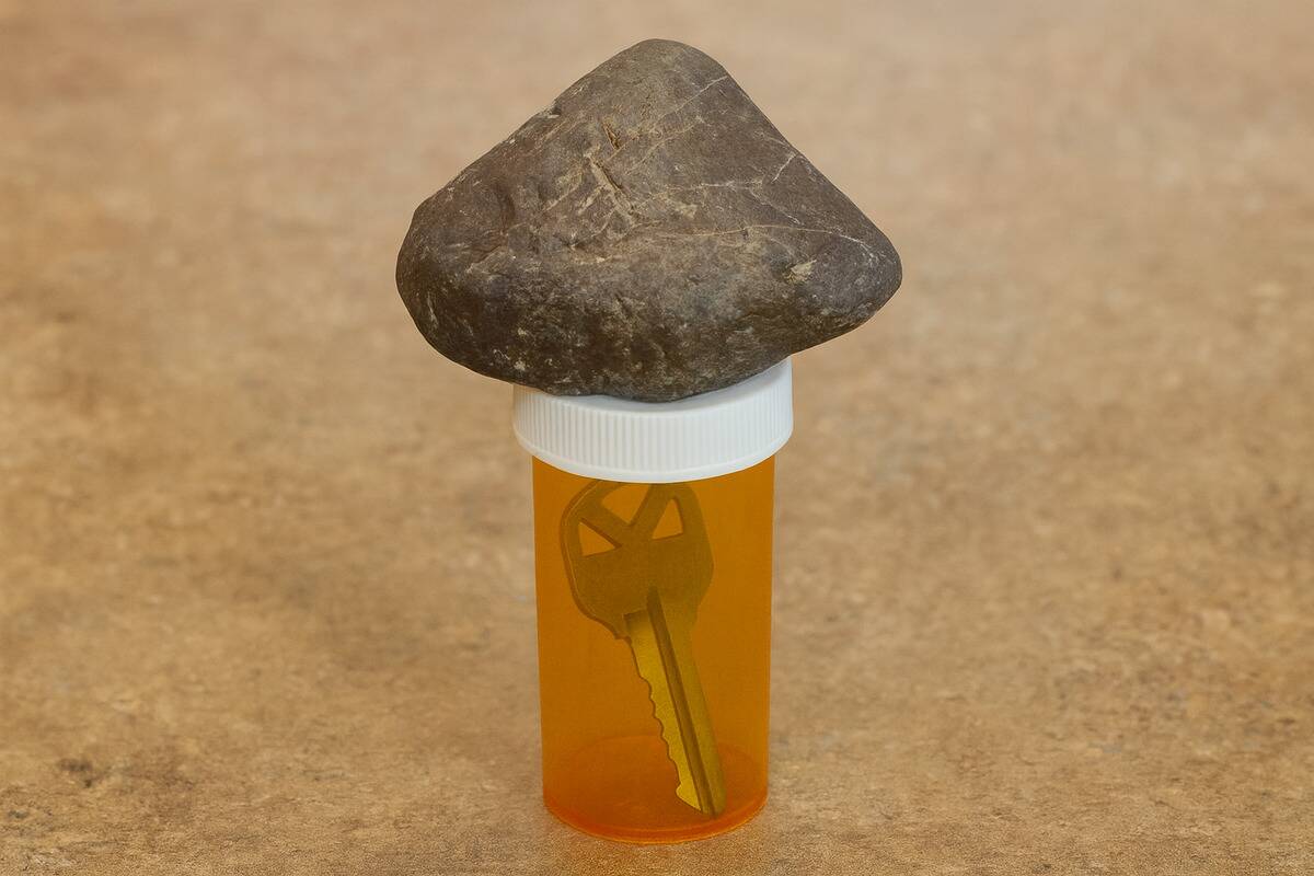 A pill bottle used to hide a spare key under a fake rock.