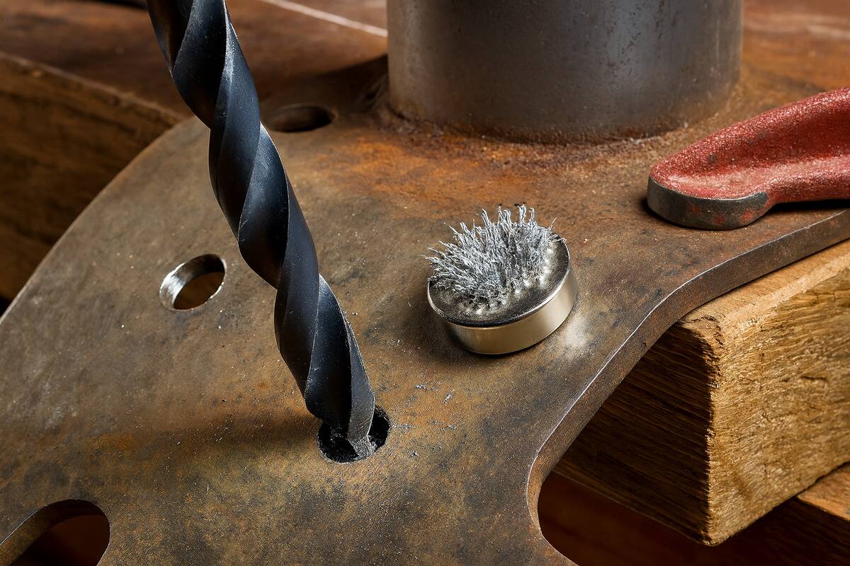 A magnet holding metal scraps beside a drill. 