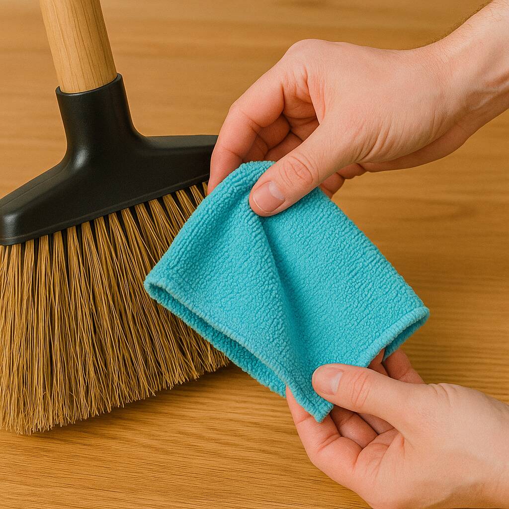 A microfiber cloth held in front of a broom. 