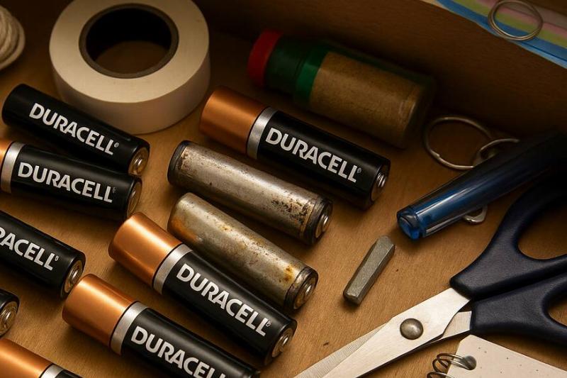 Старый батарейный отсек Старые и новые батарейки соприкасаются в ящике для мусора.