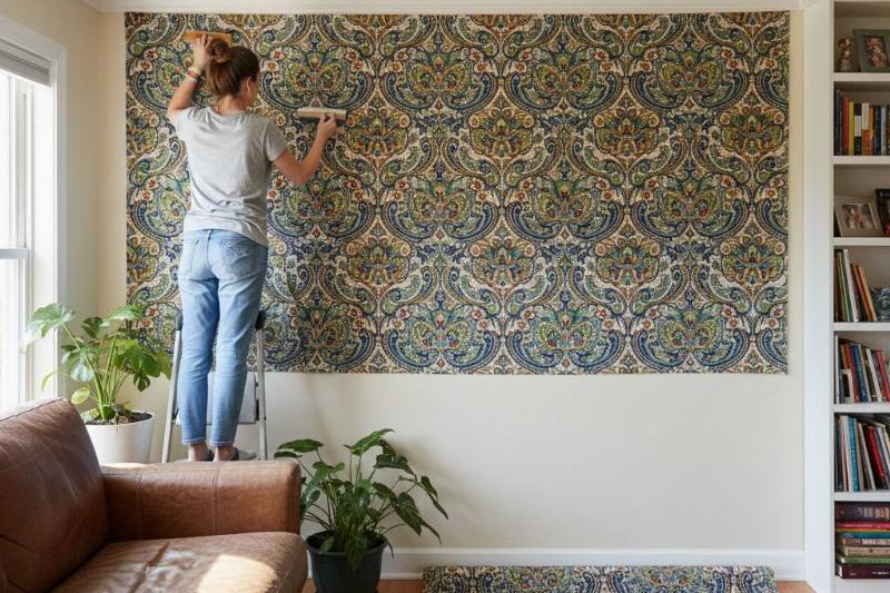 Sheet used as wallpaper by a woman in the living room. 