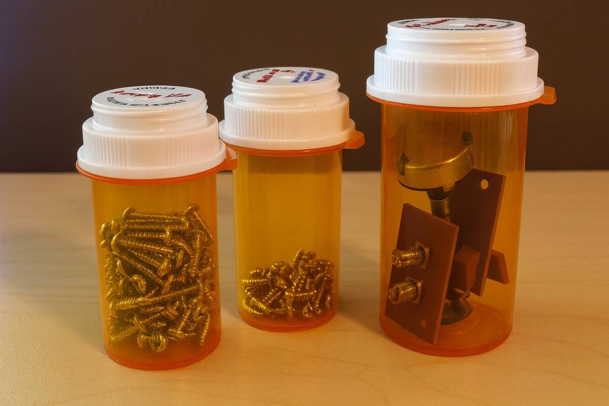 A pill bottle being used to store metal scraps.