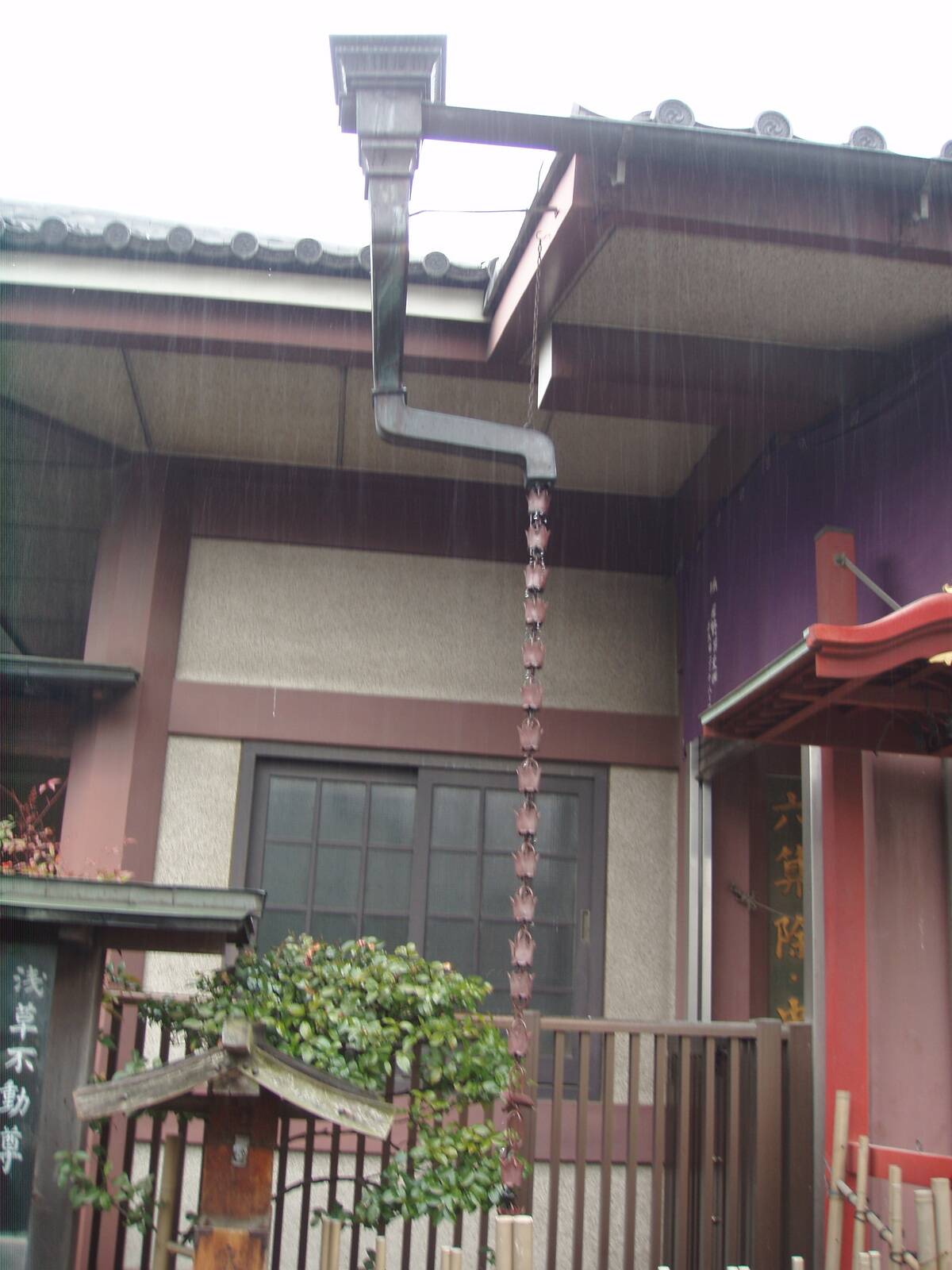 Rain chain on the outside of a house. 