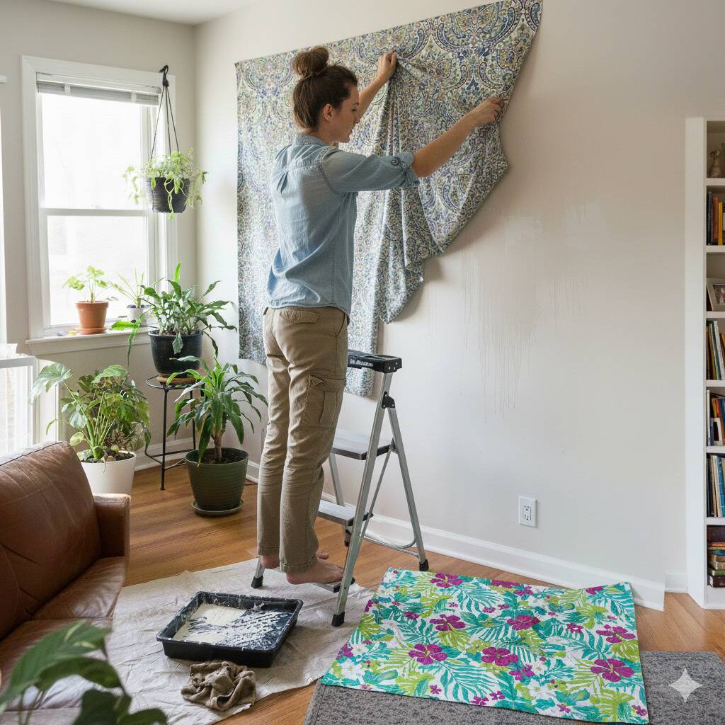 Woman removing sheet from wall.