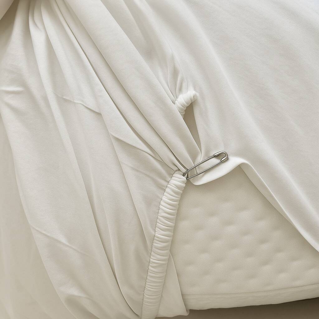 A safety pin being used to connect two sides of a fitted sheet. 