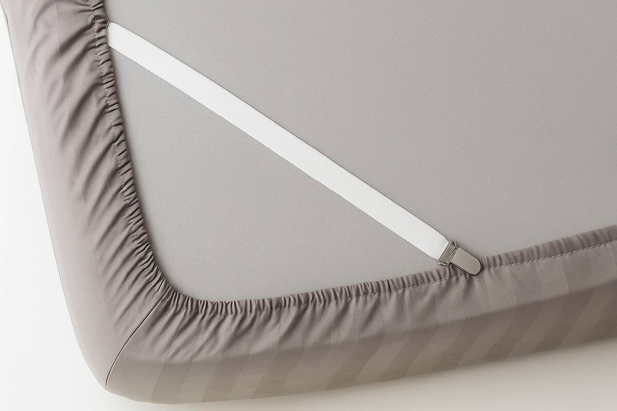 A bed sheet with an elastic strap to keep it from popping off. 