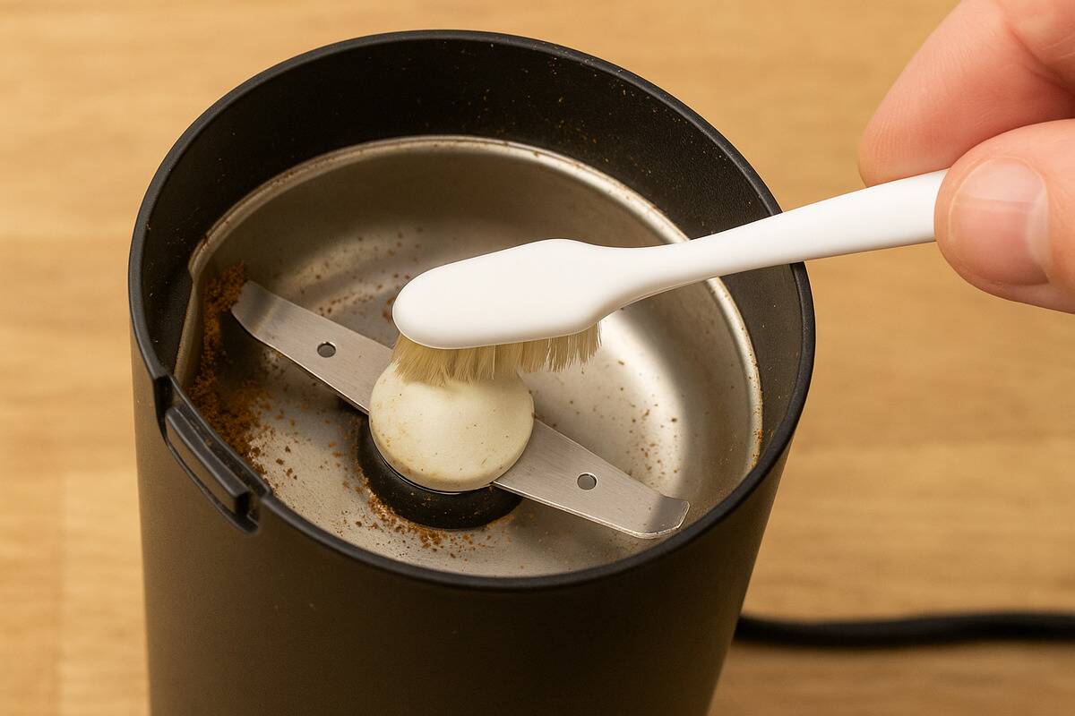 A toothbrush being used to clean a coffee grinder. 