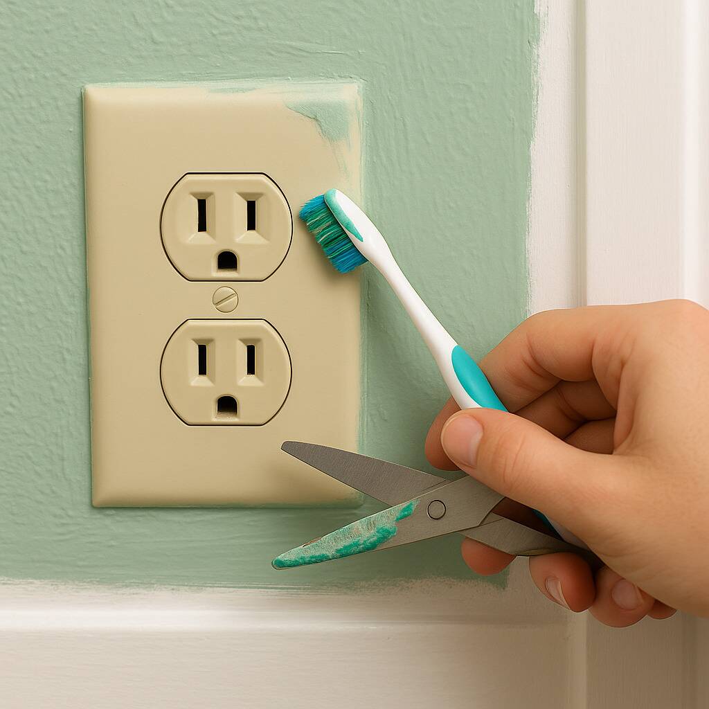 A toothbrush being used to clean paint off of a plug. 