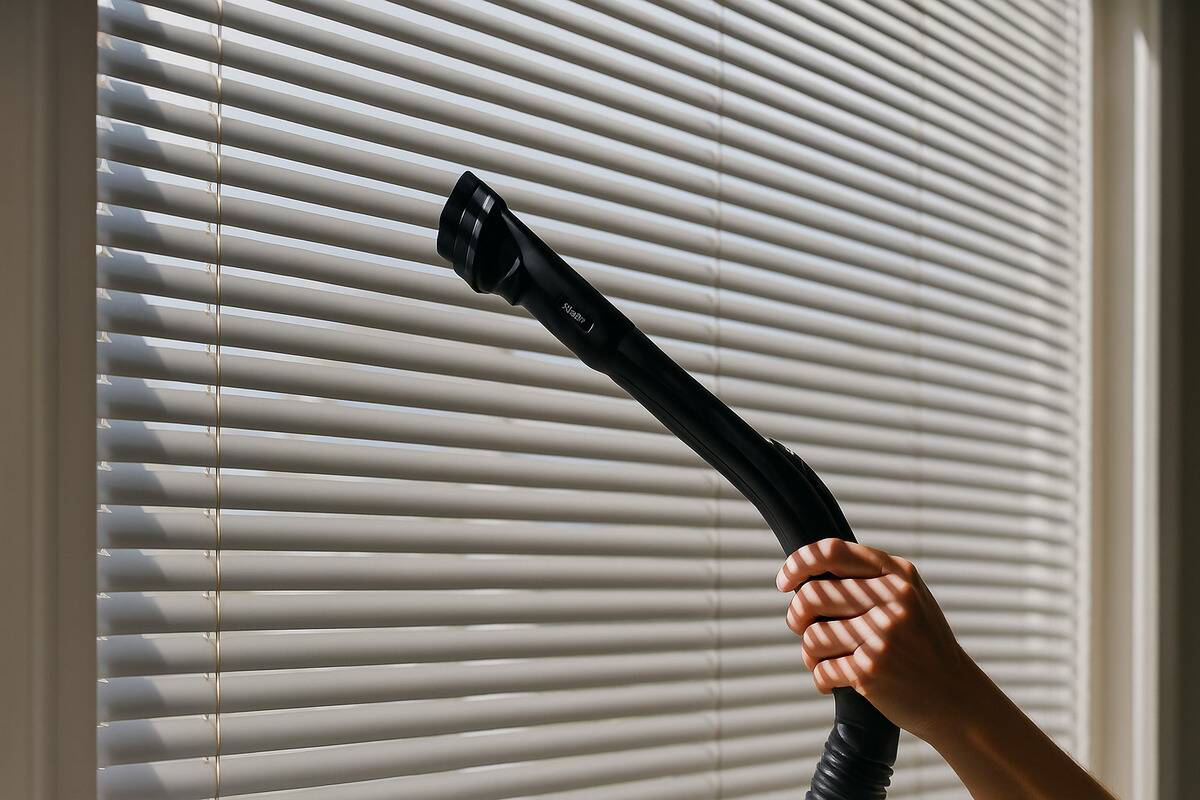 A vacuum being used to clean blinds. 