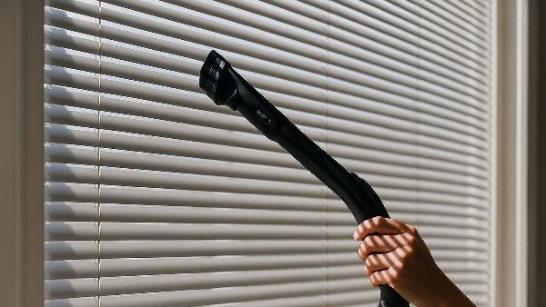 A vacuum being used to clean blinds. 