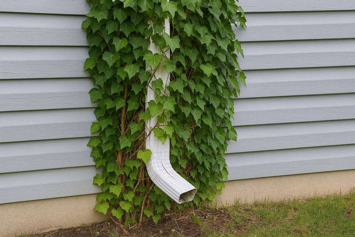 Downspout wrapped in fake vines.