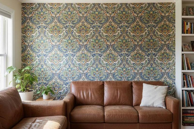 A wall with a faux-wallpaper behind a couch.