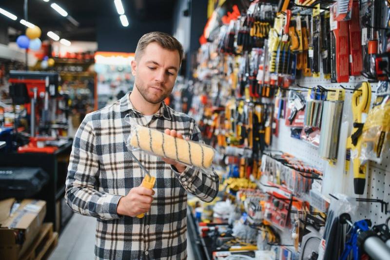 A male customer in a modern hardware store chooses a paint roller.
