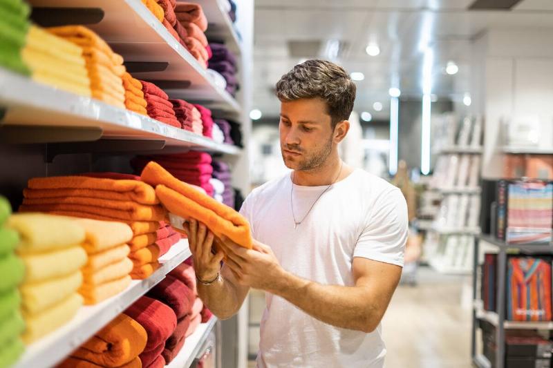 Man buying towels in a store. 