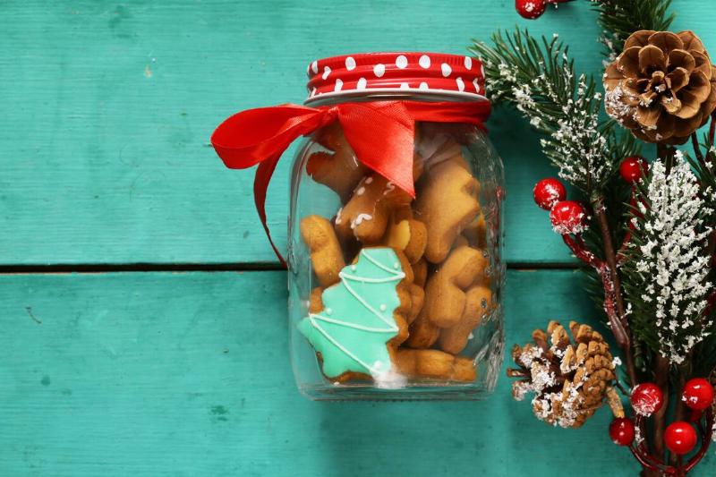 Christmas gingerbread cookies in a glass jar. 