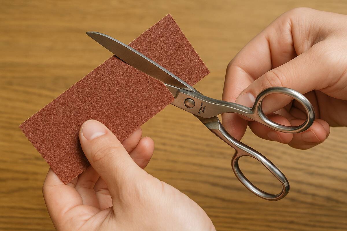 Scissors cutting sandpaper. 