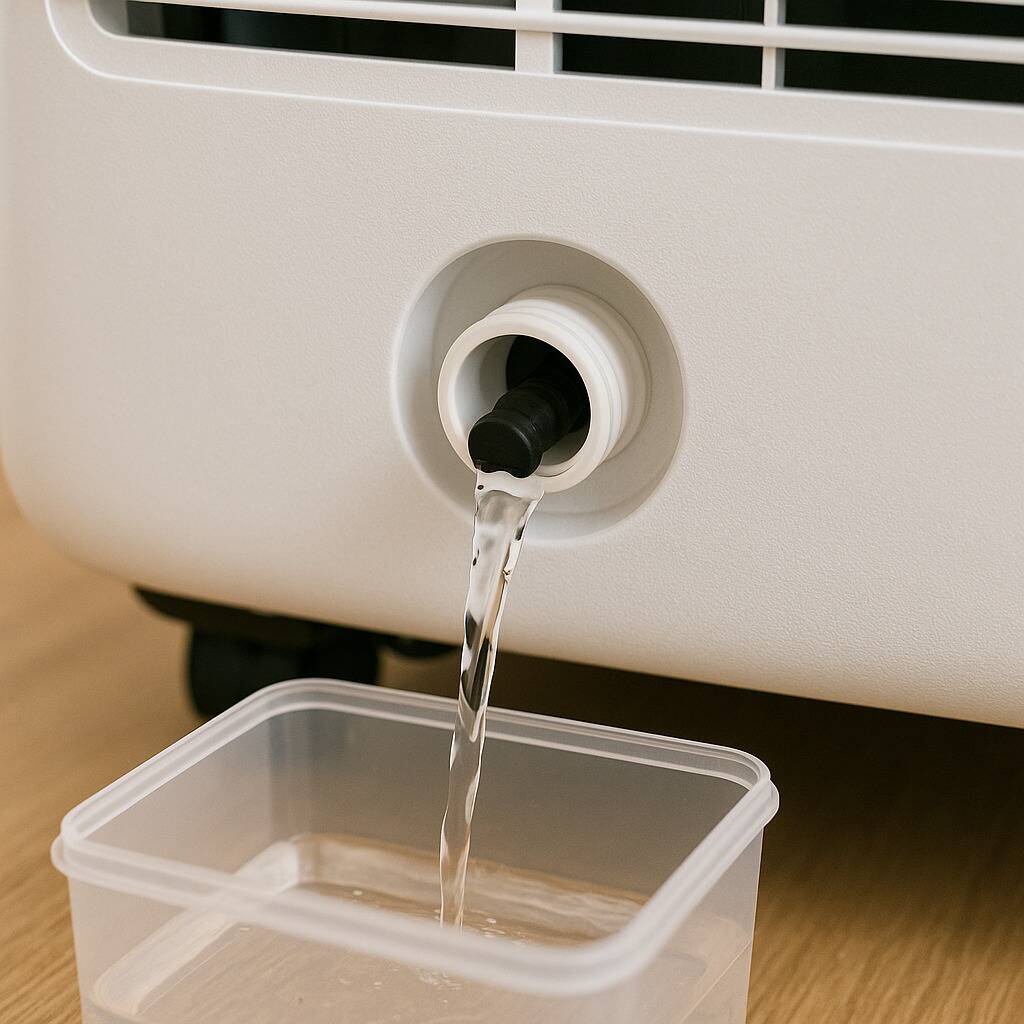 Water being drained out of the back of a portable A/C unit. 