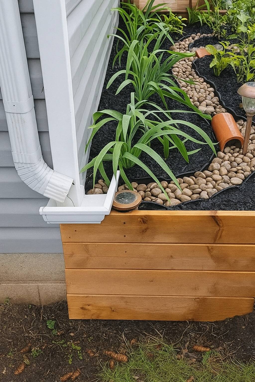 A downspout that is hidden by a planter box. 