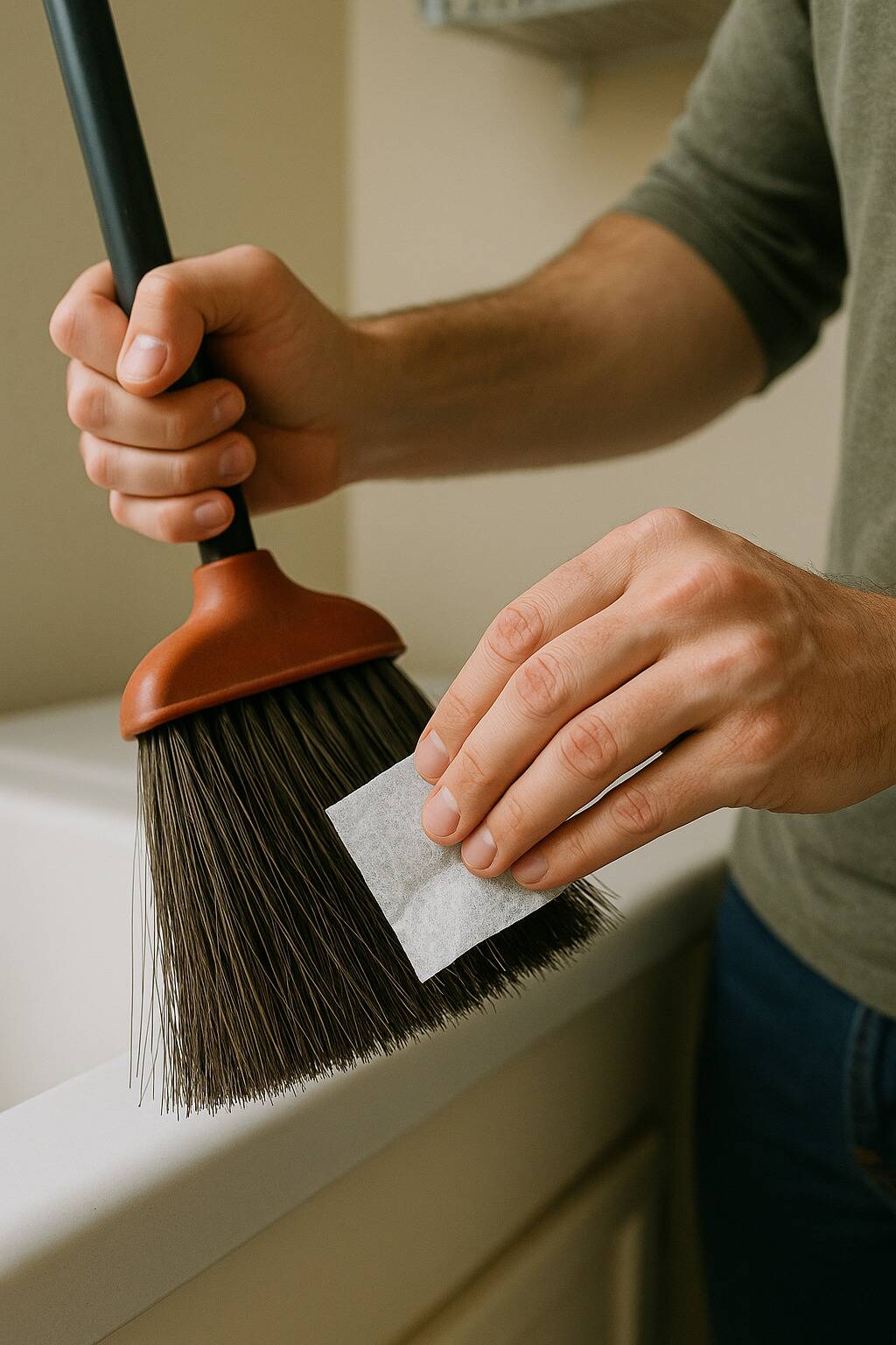 Hands rubbing a dryer sheet on a broom.
