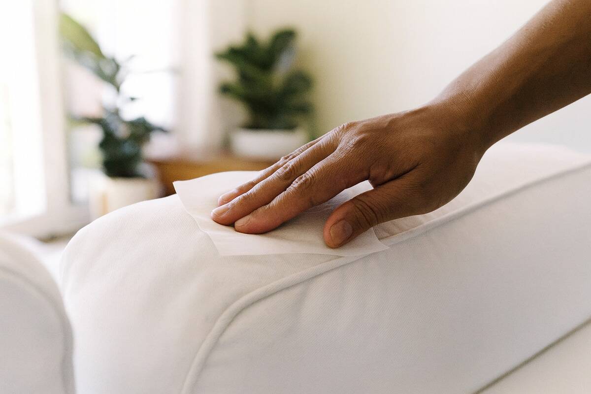 Hand rubbing a dryer sheet on top of a couch. 