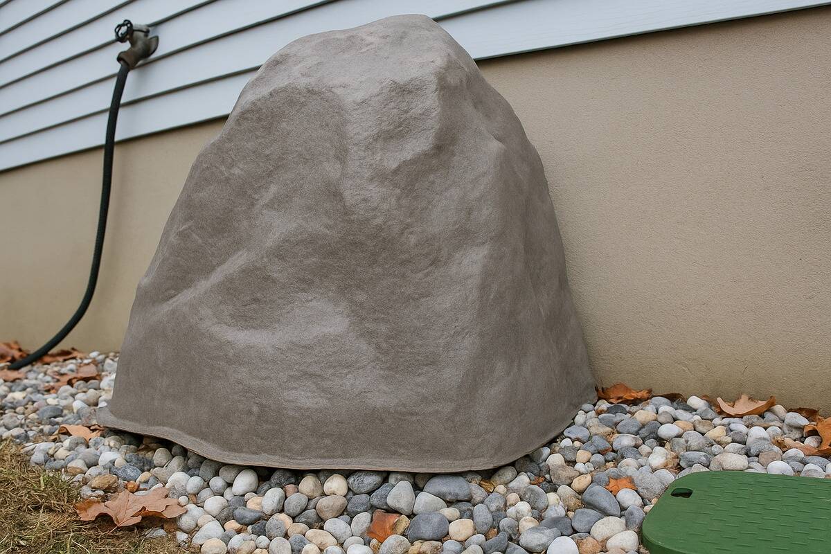 Fake rock in front of downspout.