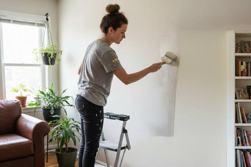 жидкий крахмал Женщина смазывает стену жидким крахмалом, прежде чем приклеить к ней лист.
