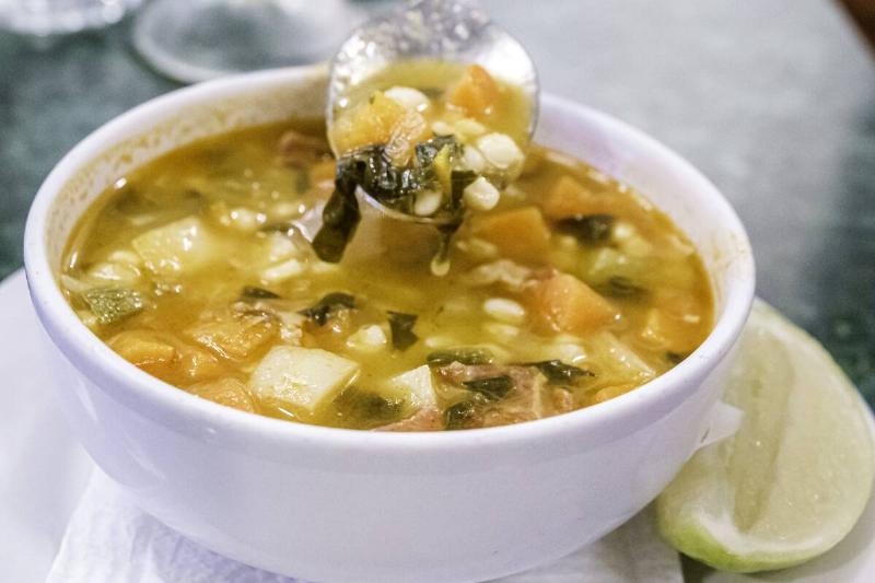 Merida, Mexico, Bisquets Obregon restaurant, bowl of chicken vegetable soup