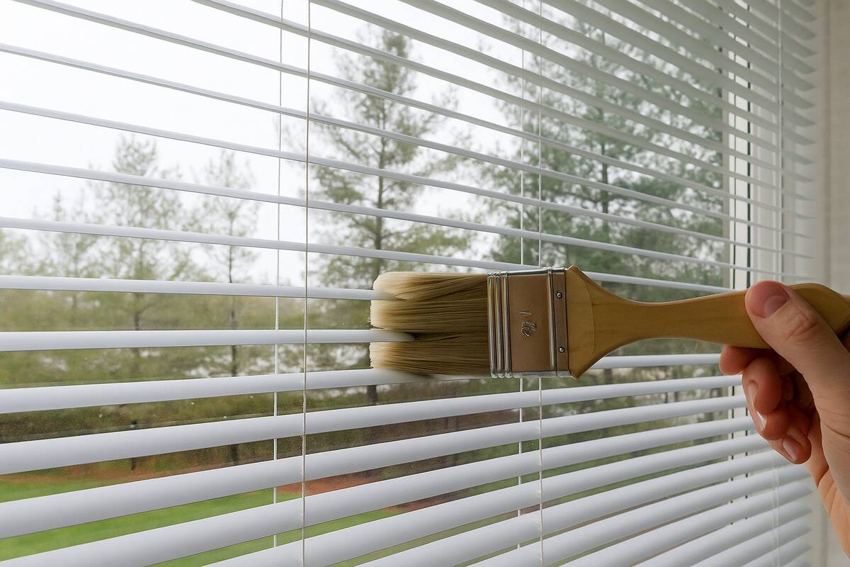 A paint brush being used to clean blinds. 