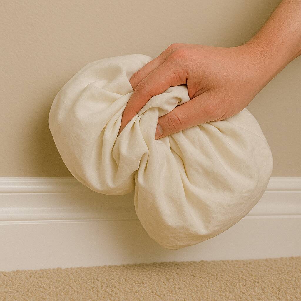 A hand wiping baseboards with a pillowcase.