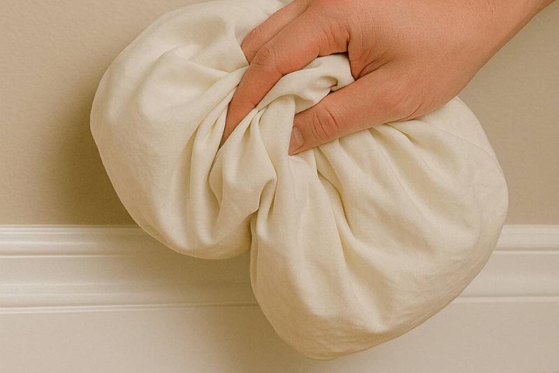 наволочки плинтусы Рука протирает плинтусы наволочкой.