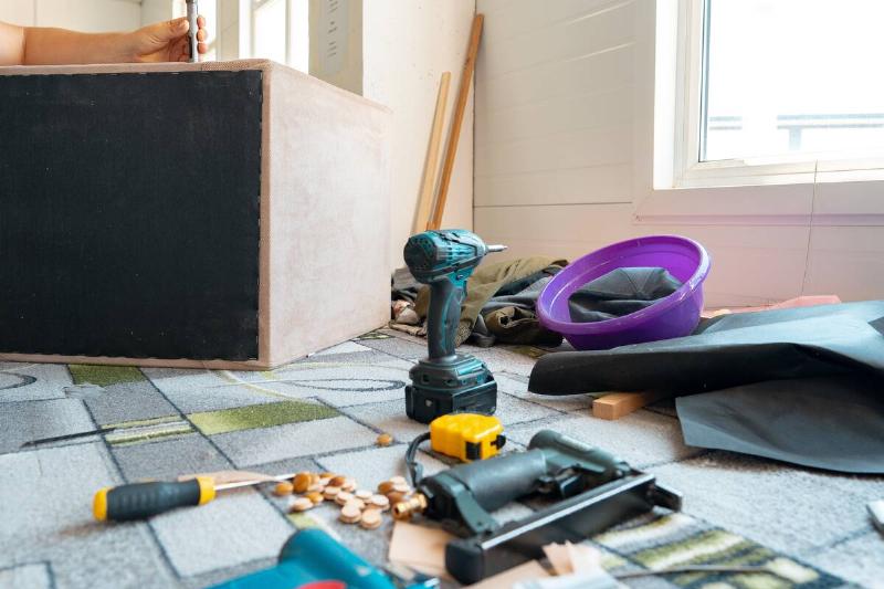 Messy tools after home renovation project.