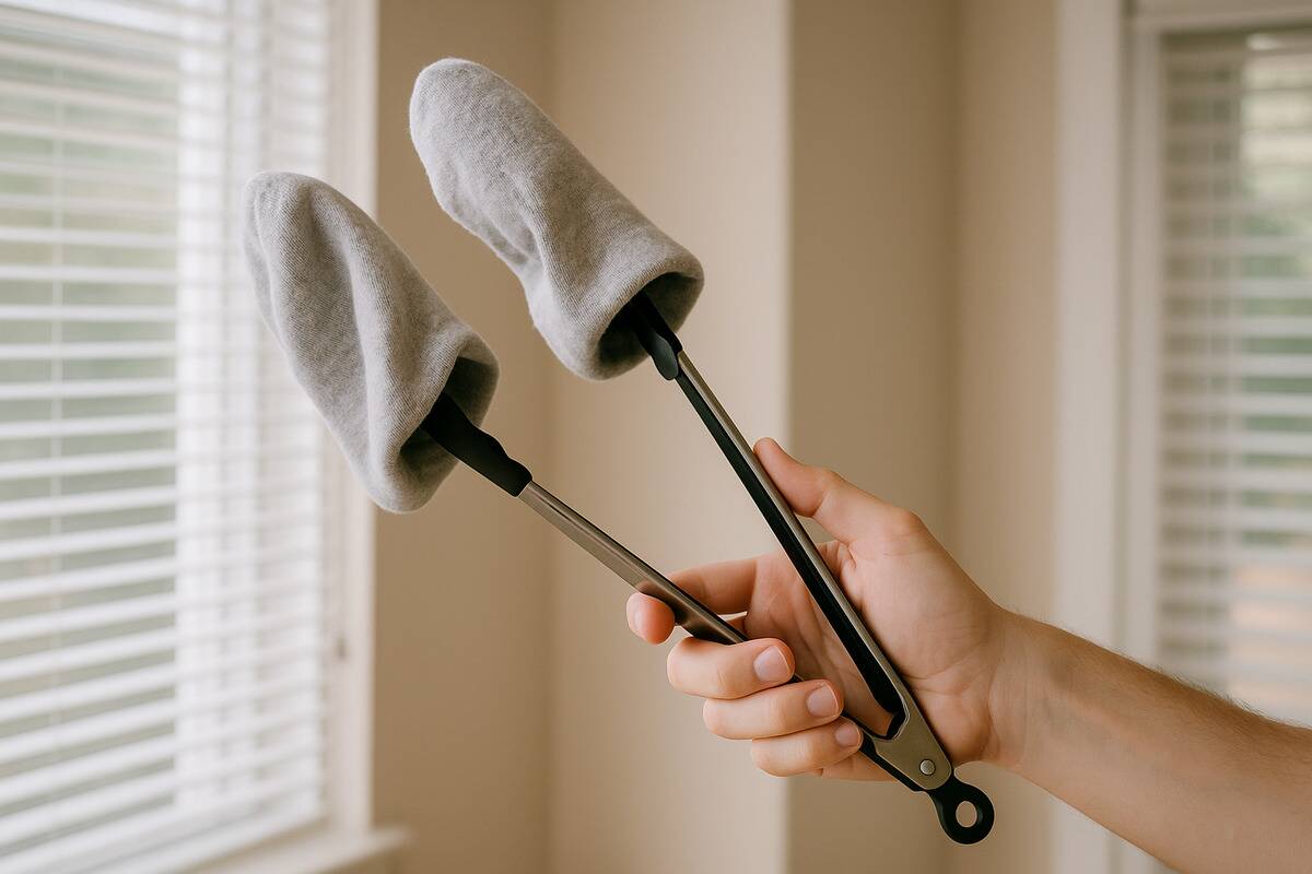 Hands holding tongs with socks on the end. 