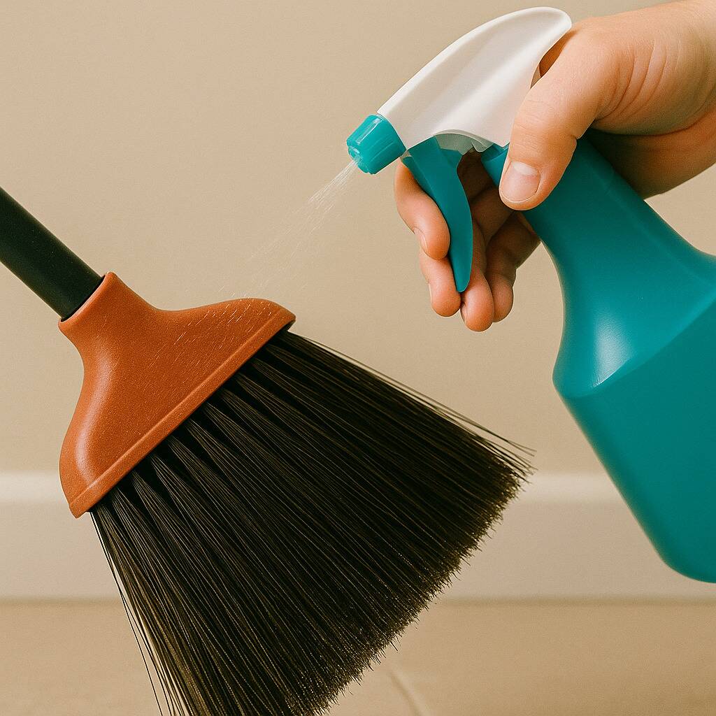 A spray bottle spraying water on a broom.