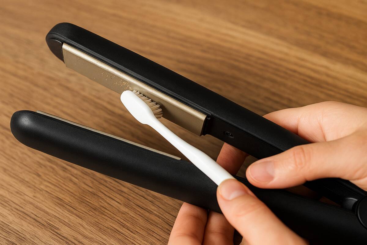 A toothbrush being used to clean a hair straightener. 