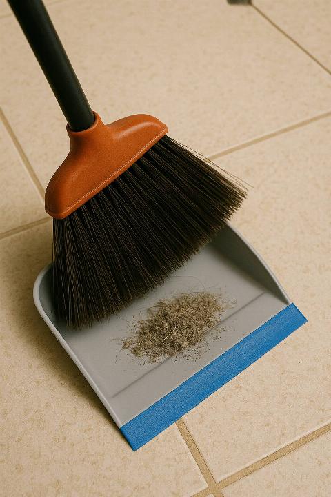 A broom pushing dust into a dustpan that has a taped edge. 